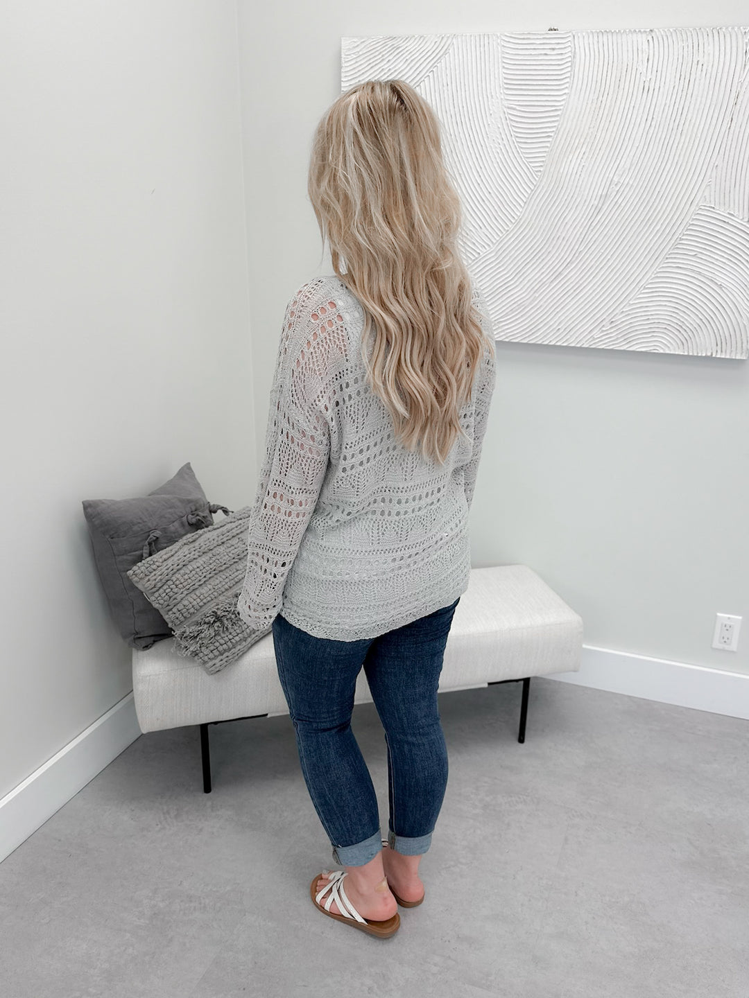 Aiden Crochet Sweater in Dove Grey