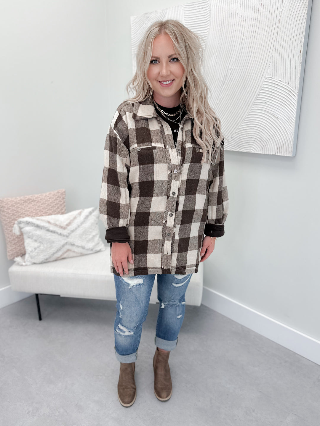 Blairmore Plaid Shacket in Coco