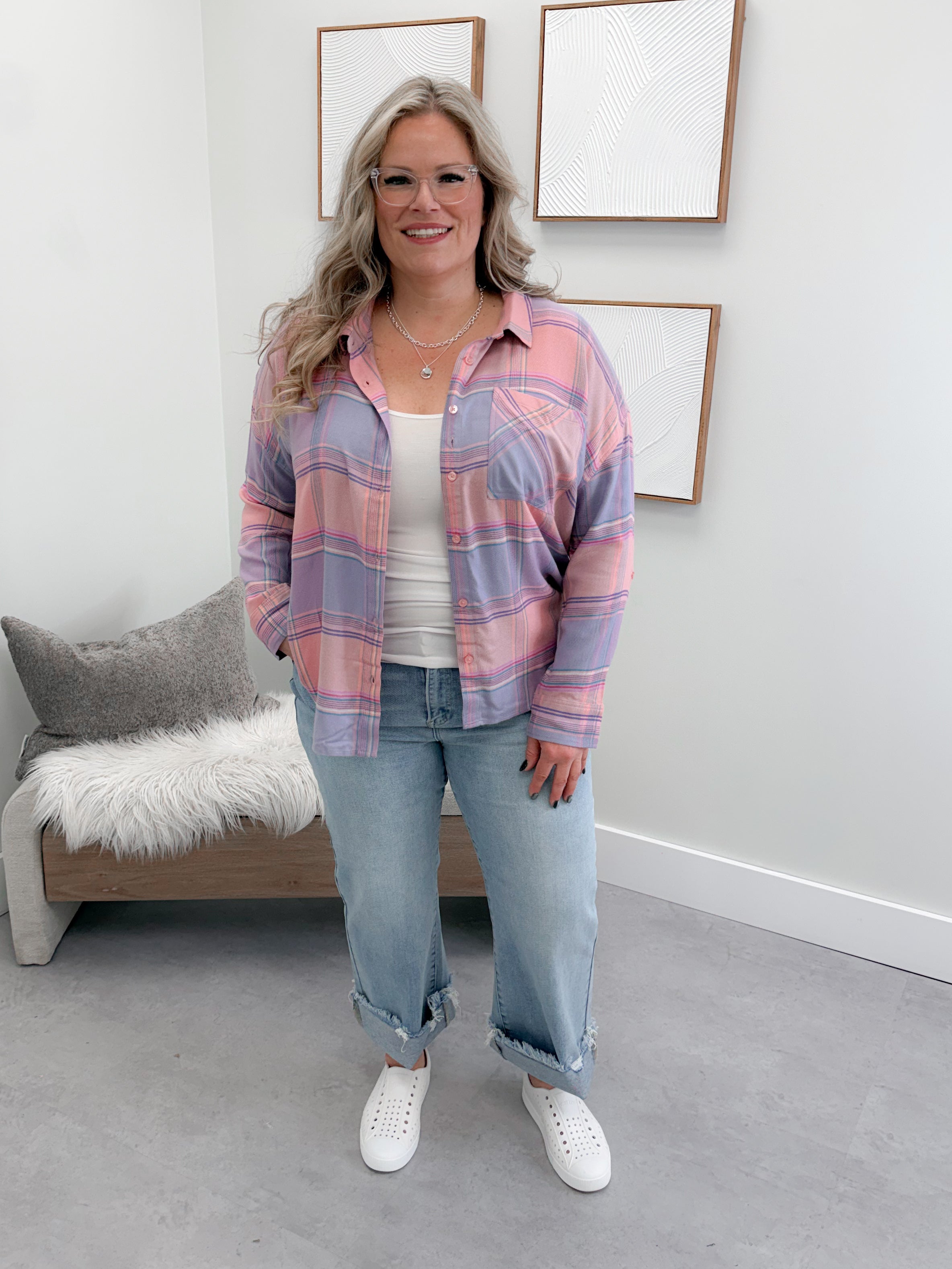 Paige Plaid Button Up in Pink