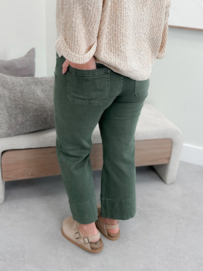 Zen Mid Rise Cropped Flare Denim in Olive