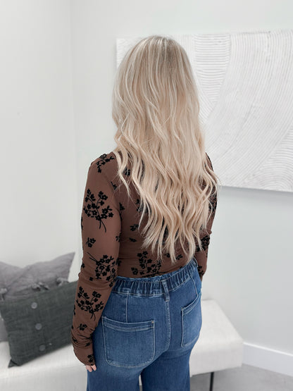 Dallas Sheer Overlay Bodysuit in Chocolate