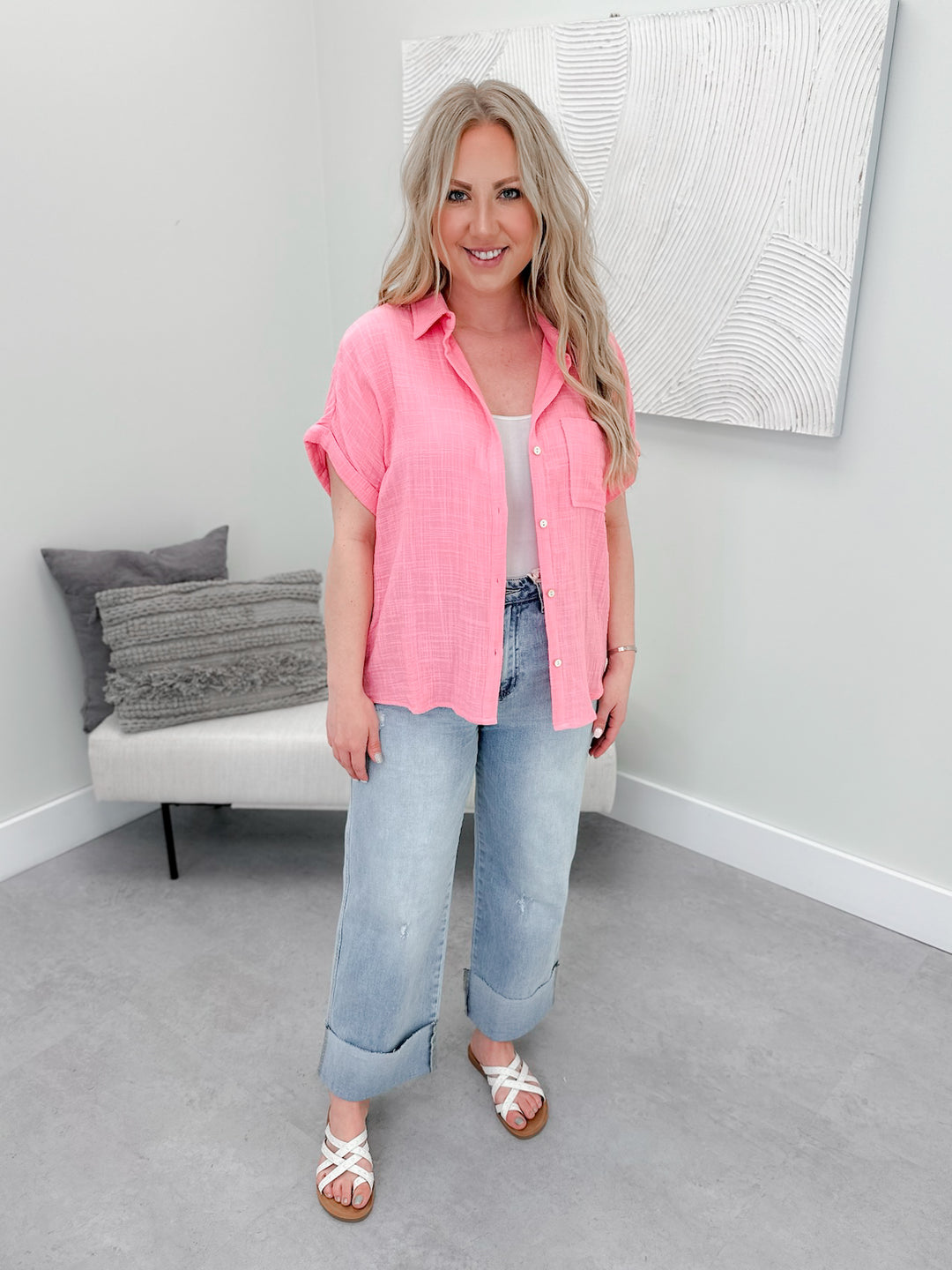 Peony Button Up Top in Bright Pink