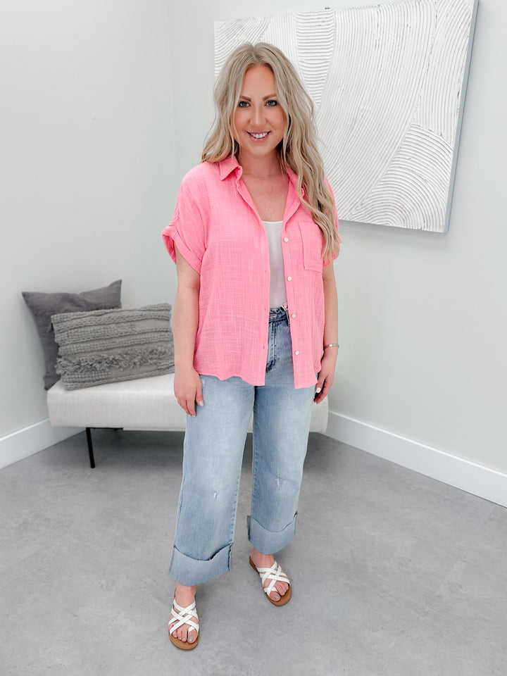 Peony Button Up Top in Bright Pink