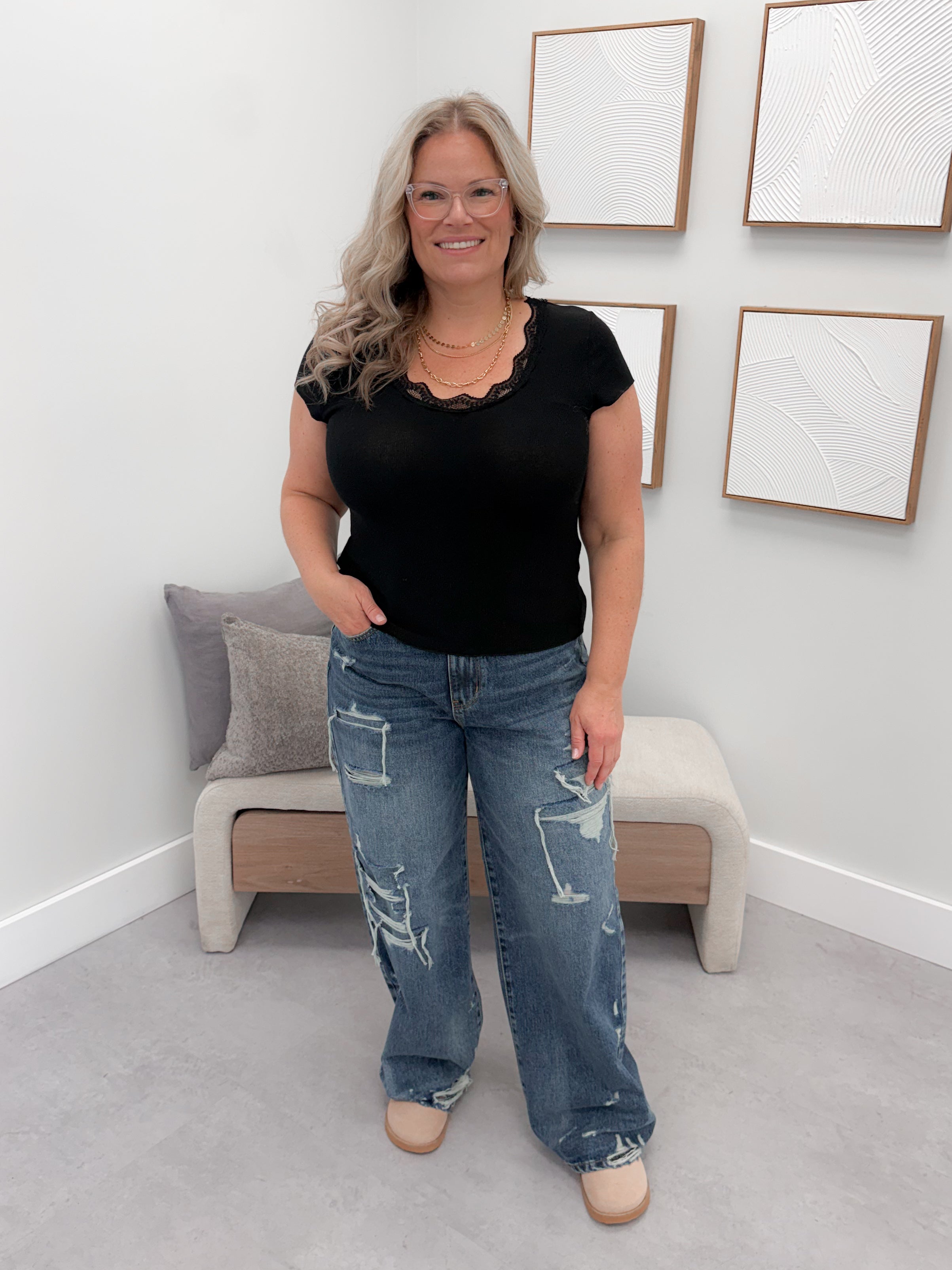 Lanna Lace Trim Tee in Black