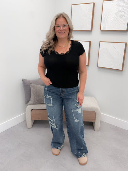 Lanna Lace Trim Tee in Black