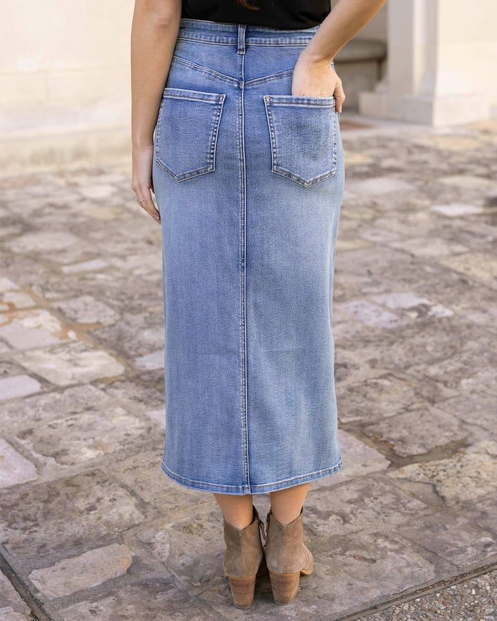Denim Midi Skirt in Mid Wash by Grace & Lace