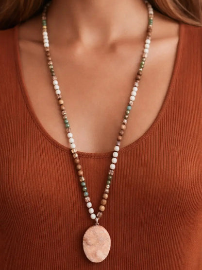 Natural Stone Bead Necklace with Druzy Pendant