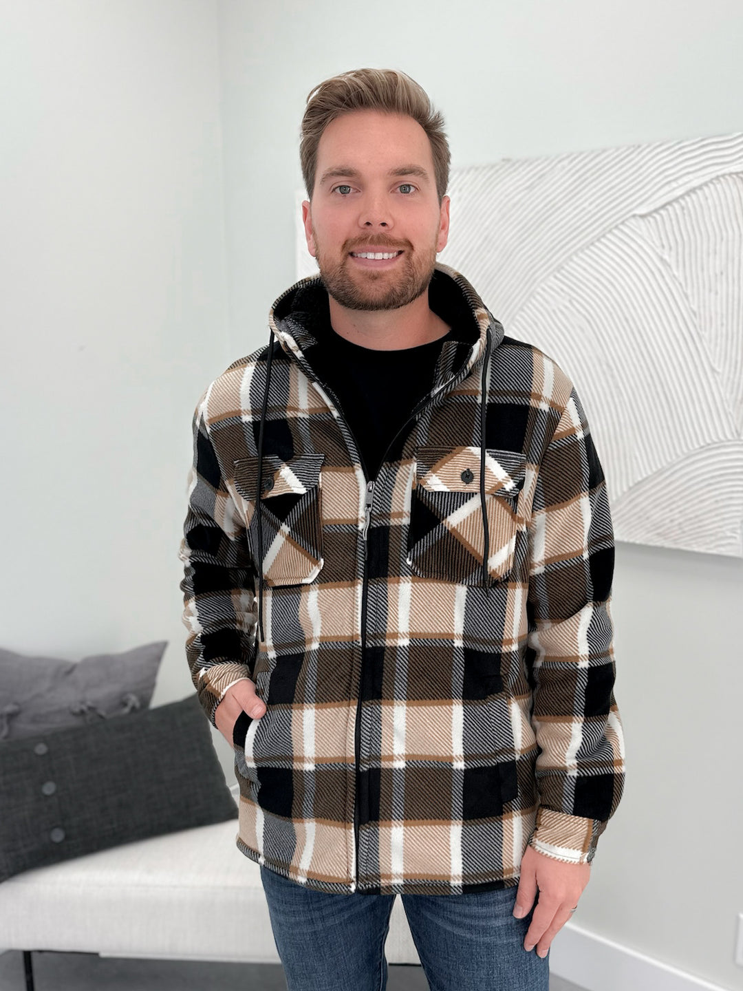 Mens Levan Fleece Hoodie in Black Plaid