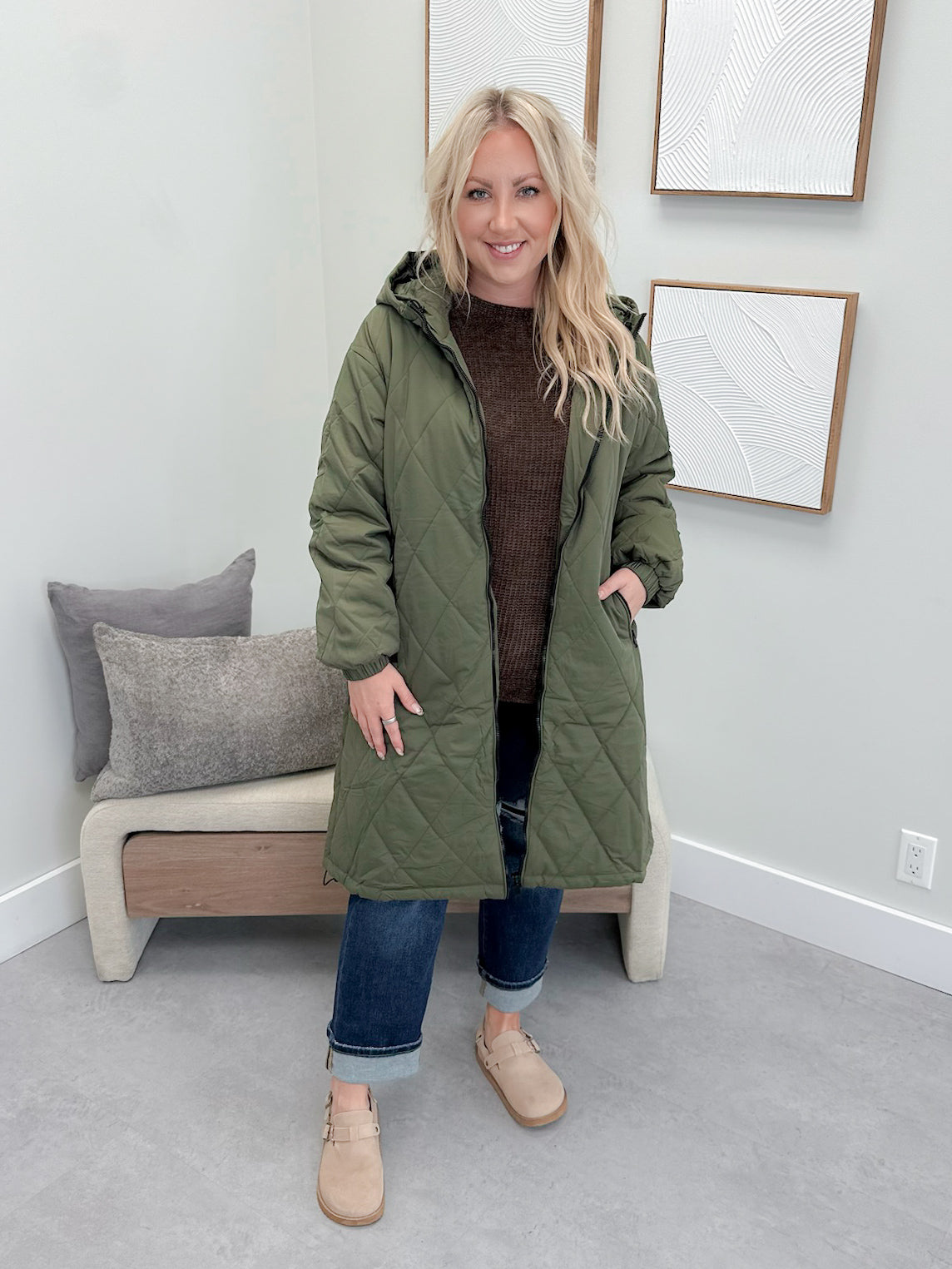 Cadence Longline Quilted Puffer Jacket in Army