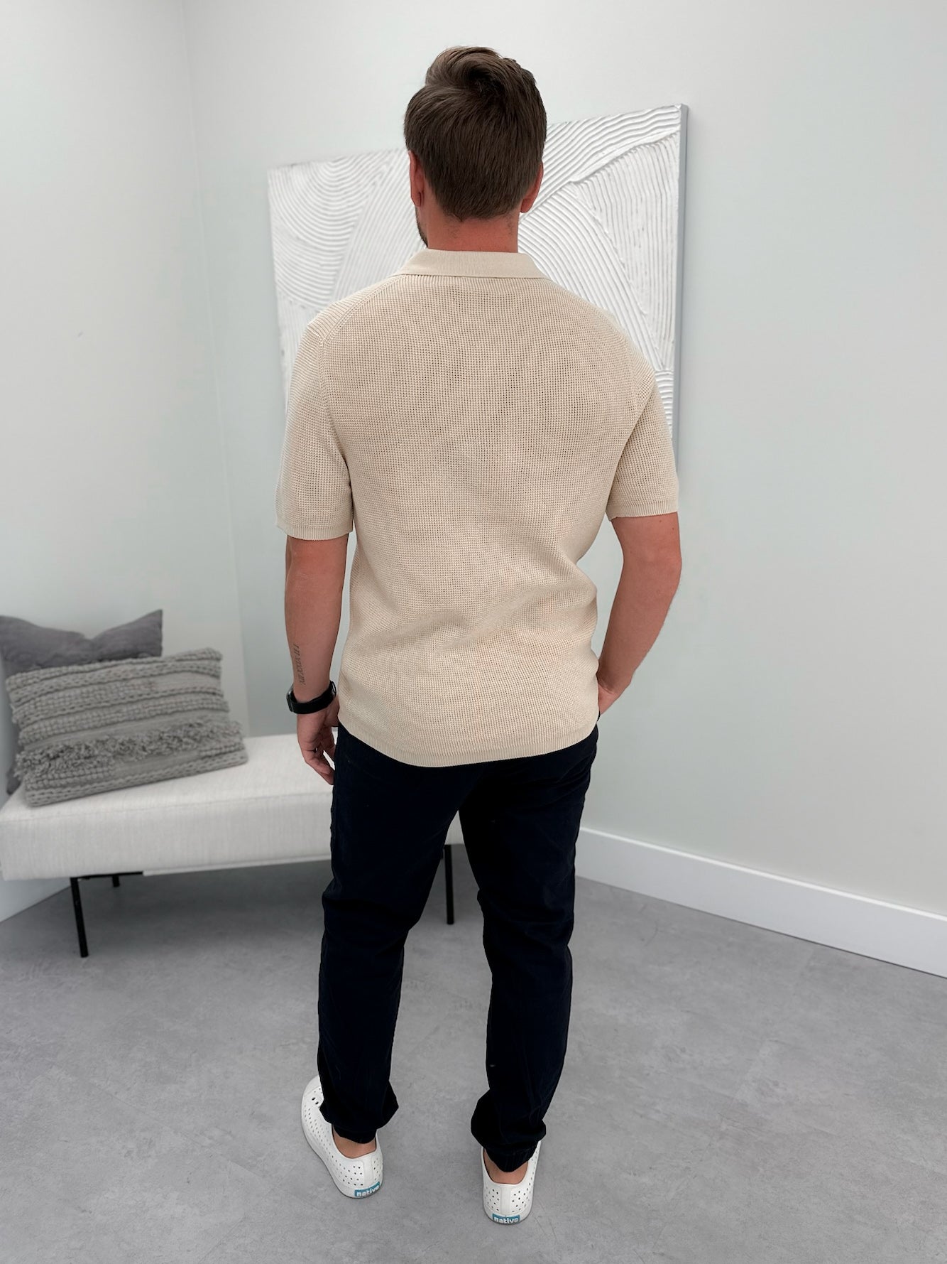 Mens Duncan Knit Mens Polo in Ecru