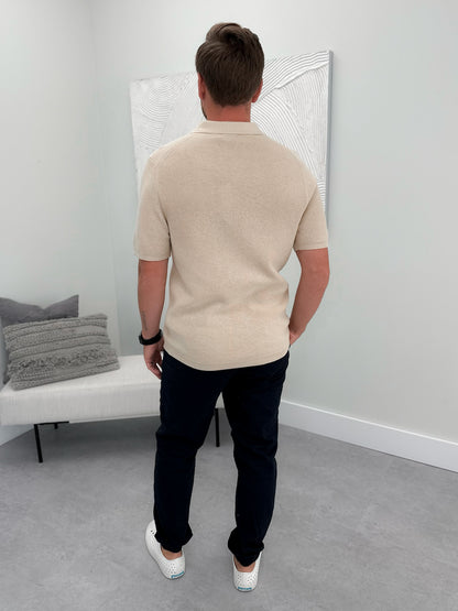 Mens Duncan Knit Mens Polo in Ecru