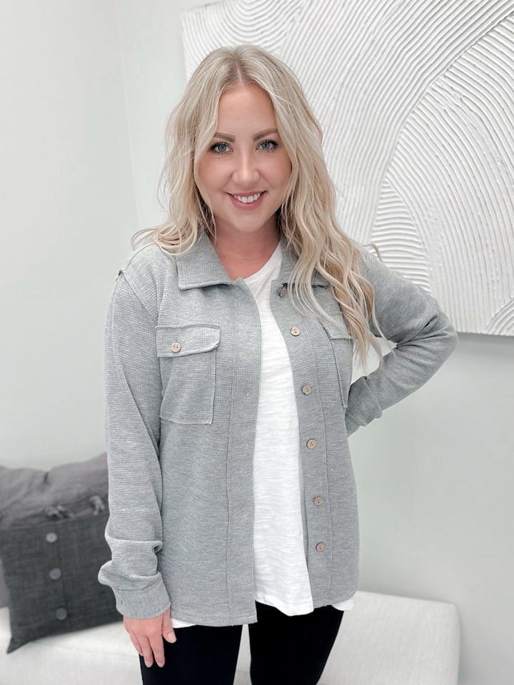 Waffle Knit Button Top in Grey
