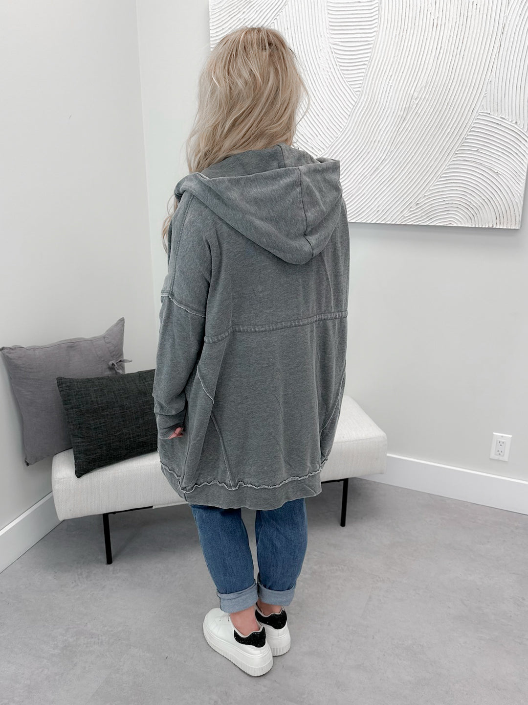 Kara Full Zip Long Hoodie in Washed Grey