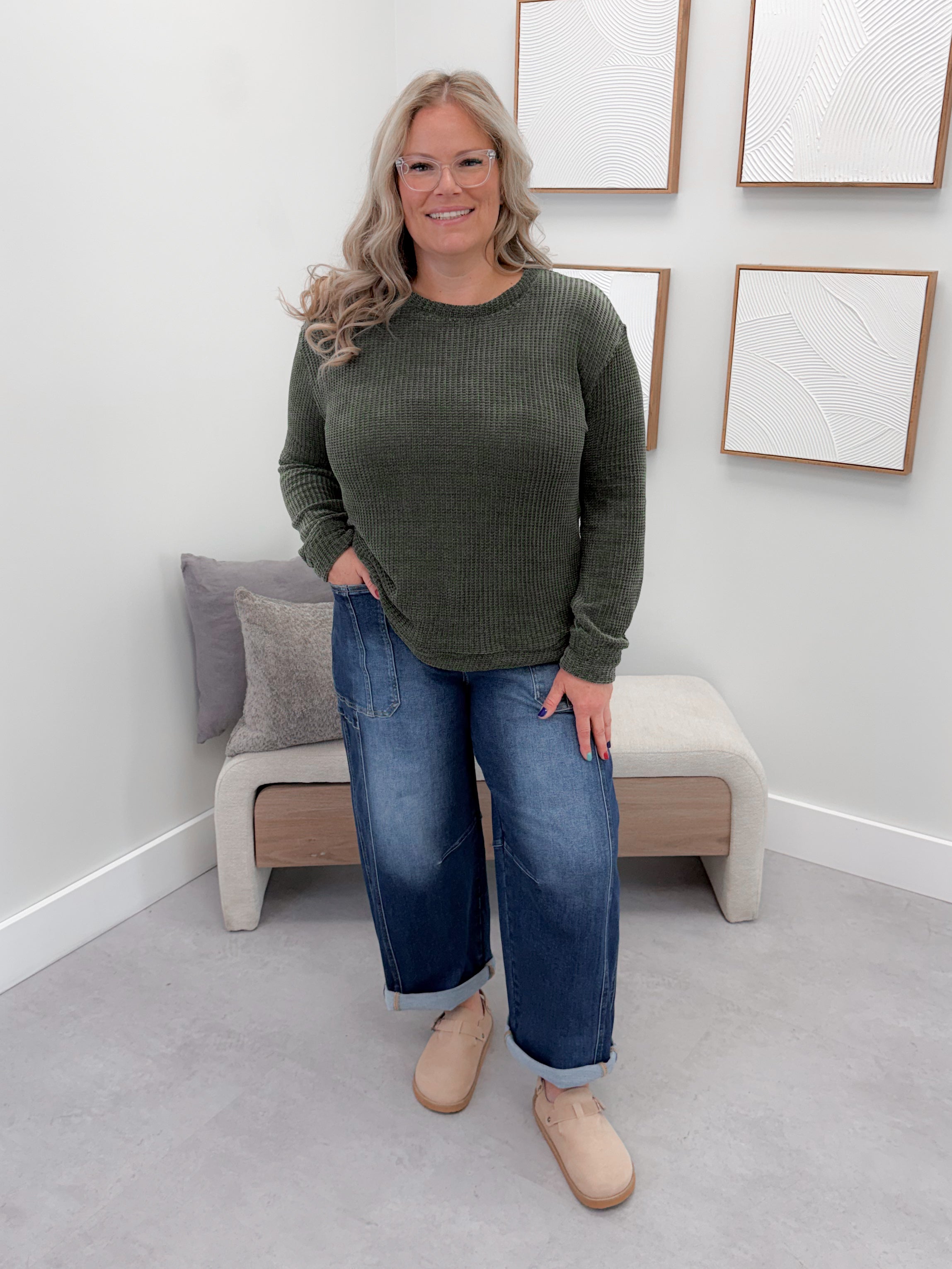 Tait Waffle Pullover in Olive