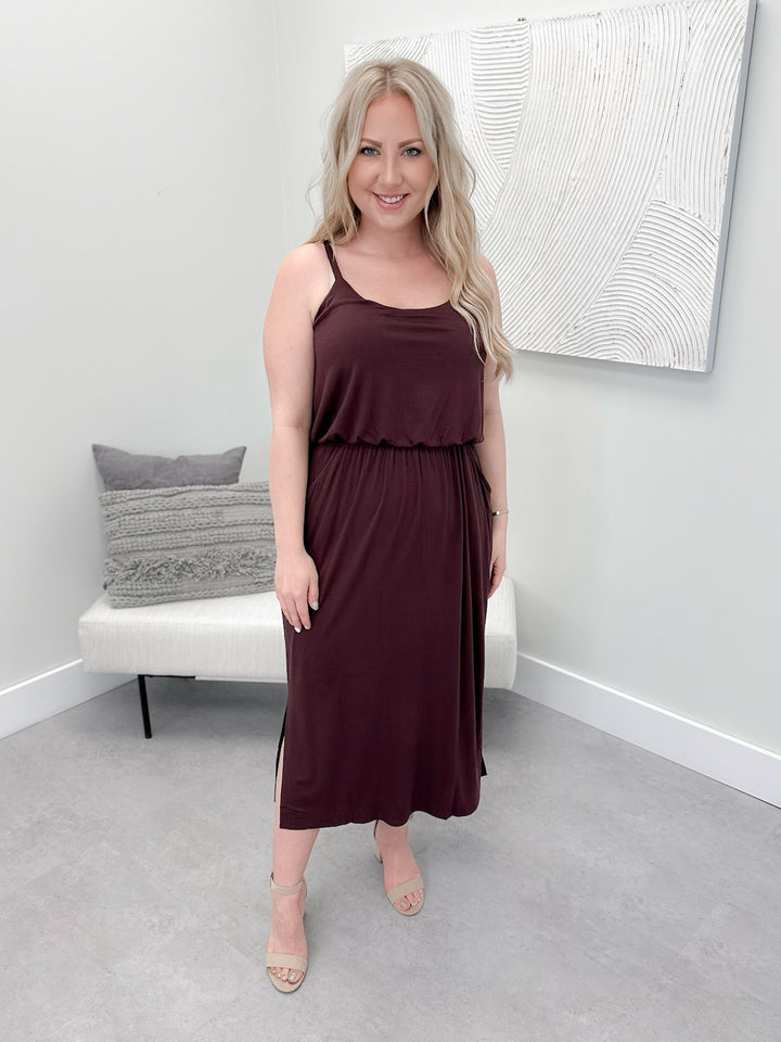 Pocketed Blouson Dress in Fig by Grace & Lace