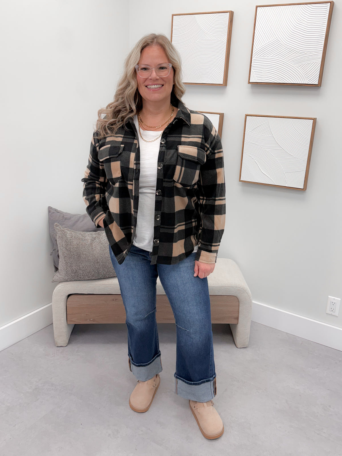 Hazy Fleece Shacket in Black Plaid