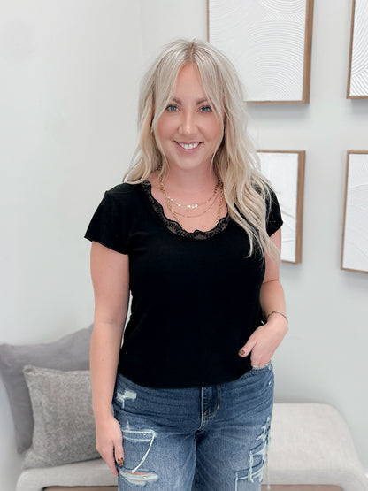 Lanna Lace Trim Tee in Black