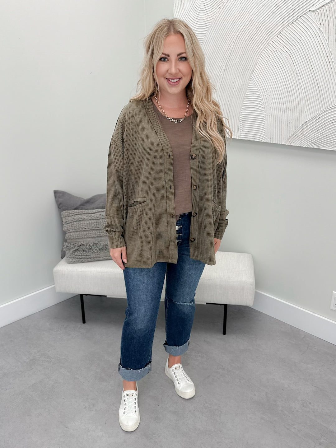 Otto Waffle Cardi in Olive