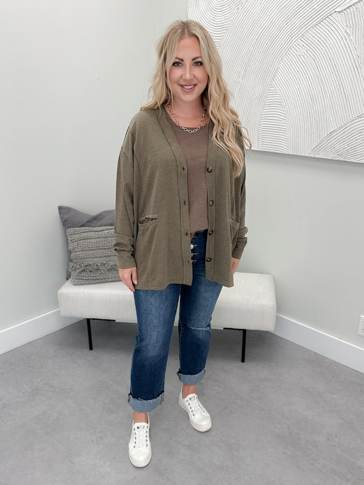 Otto Waffle Cardi in Olive