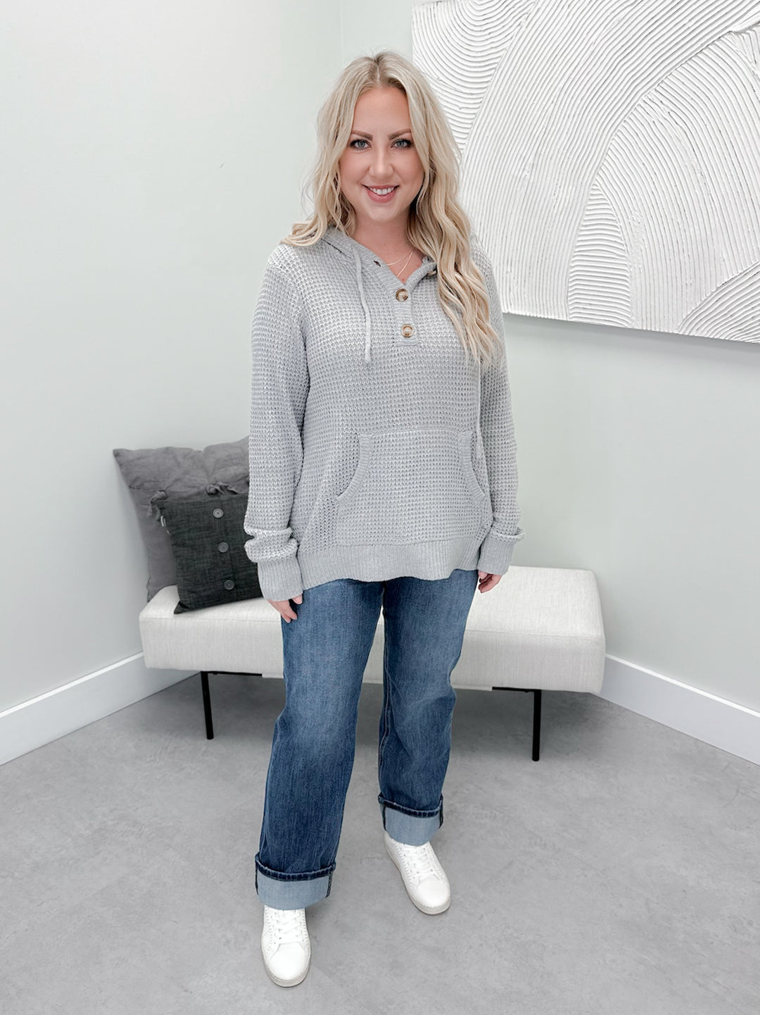 Ola Hooded Waffle Sweater in Grey