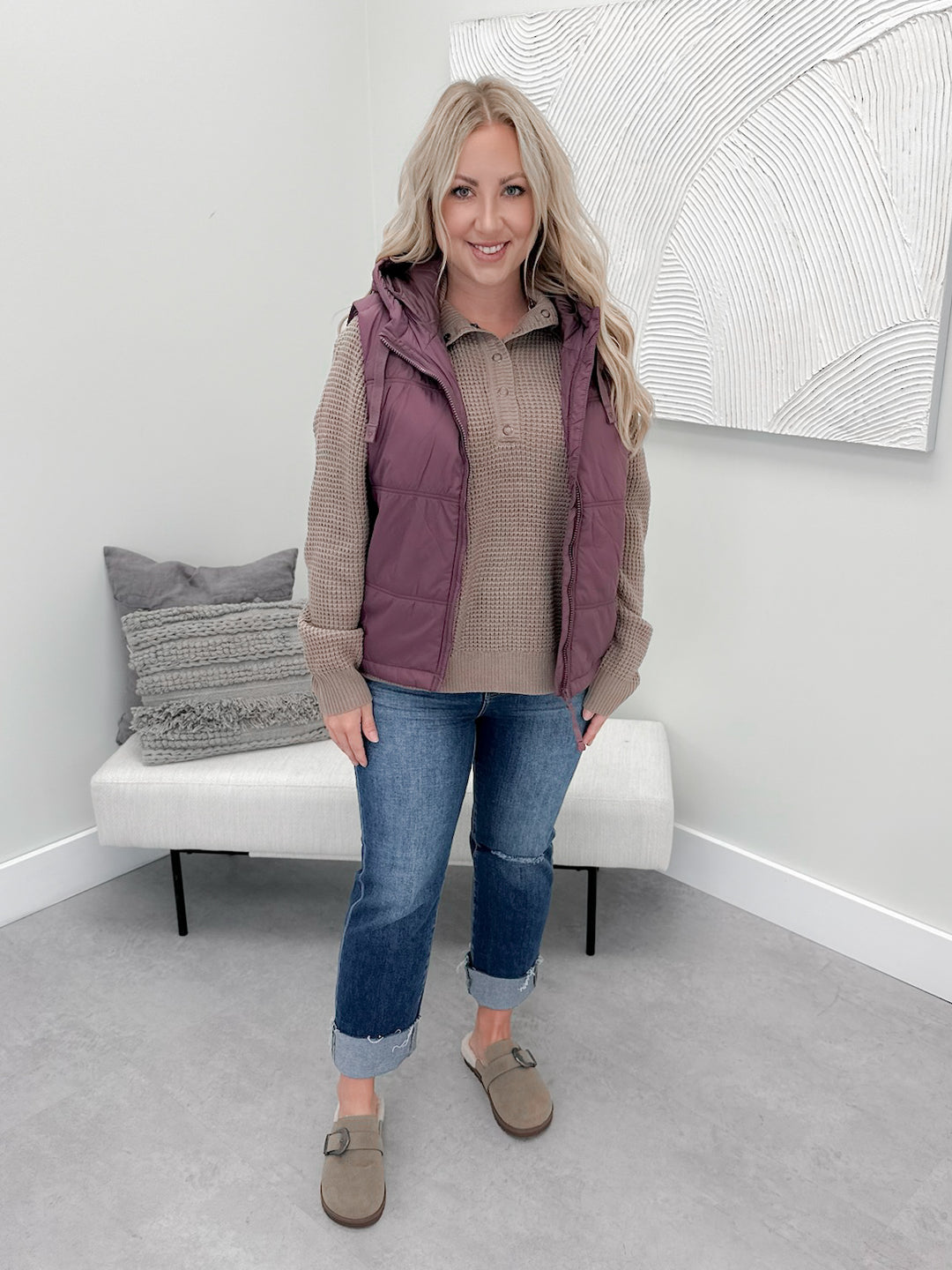 Vinny Hooded Puffer Vest in Plum