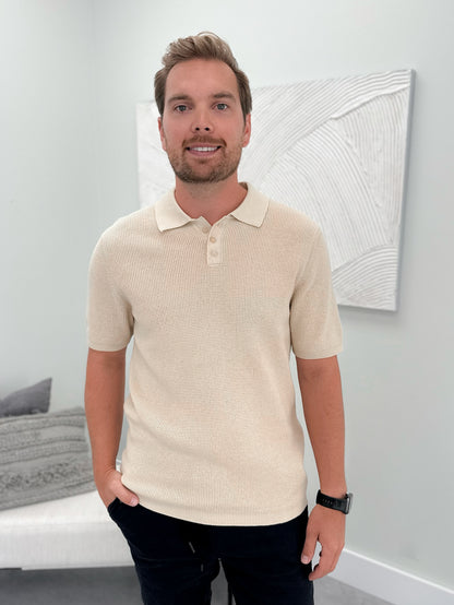 Mens Duncan Knit Mens Polo in Ecru