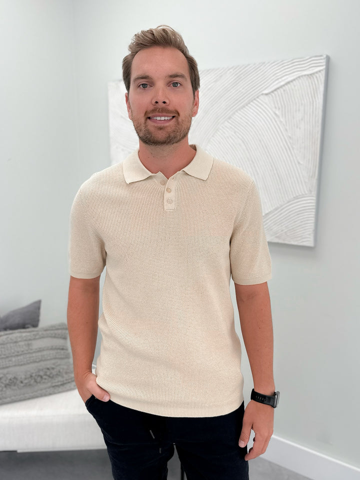 Mens Duncan Knit Mens Polo in Ecru