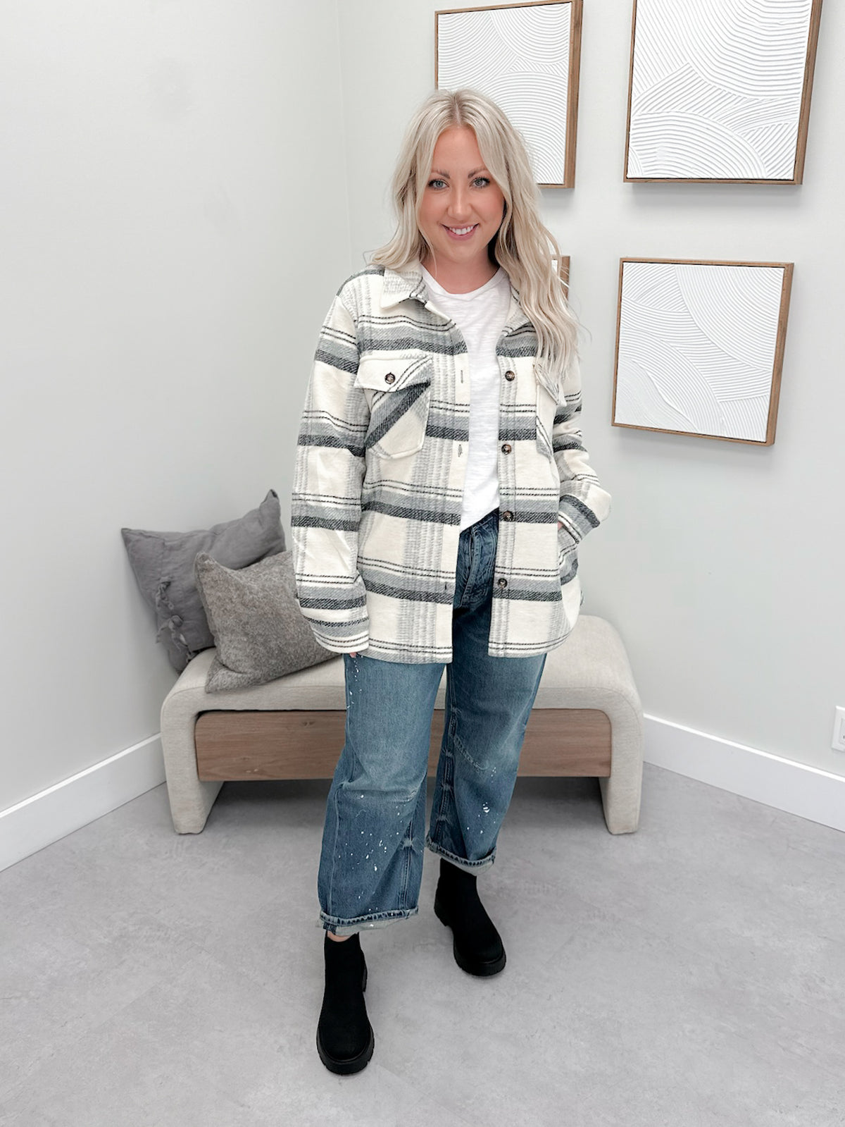 Brixton Shacket in Cream Plaid