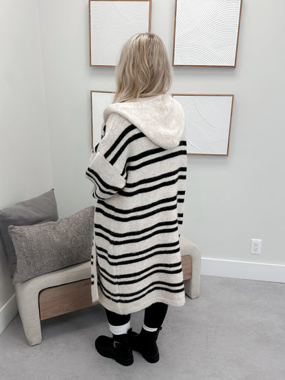 Cozy Up Striped Hooded Cardigan in Ivory/Black by Pol