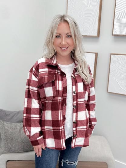 Hazy Fleece Shacket in Burgundy Plaid