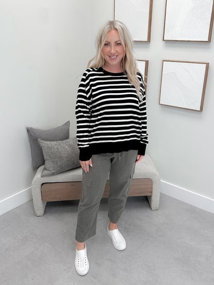 It Girl Stripe Sweater in Black by Ampersand Avenue