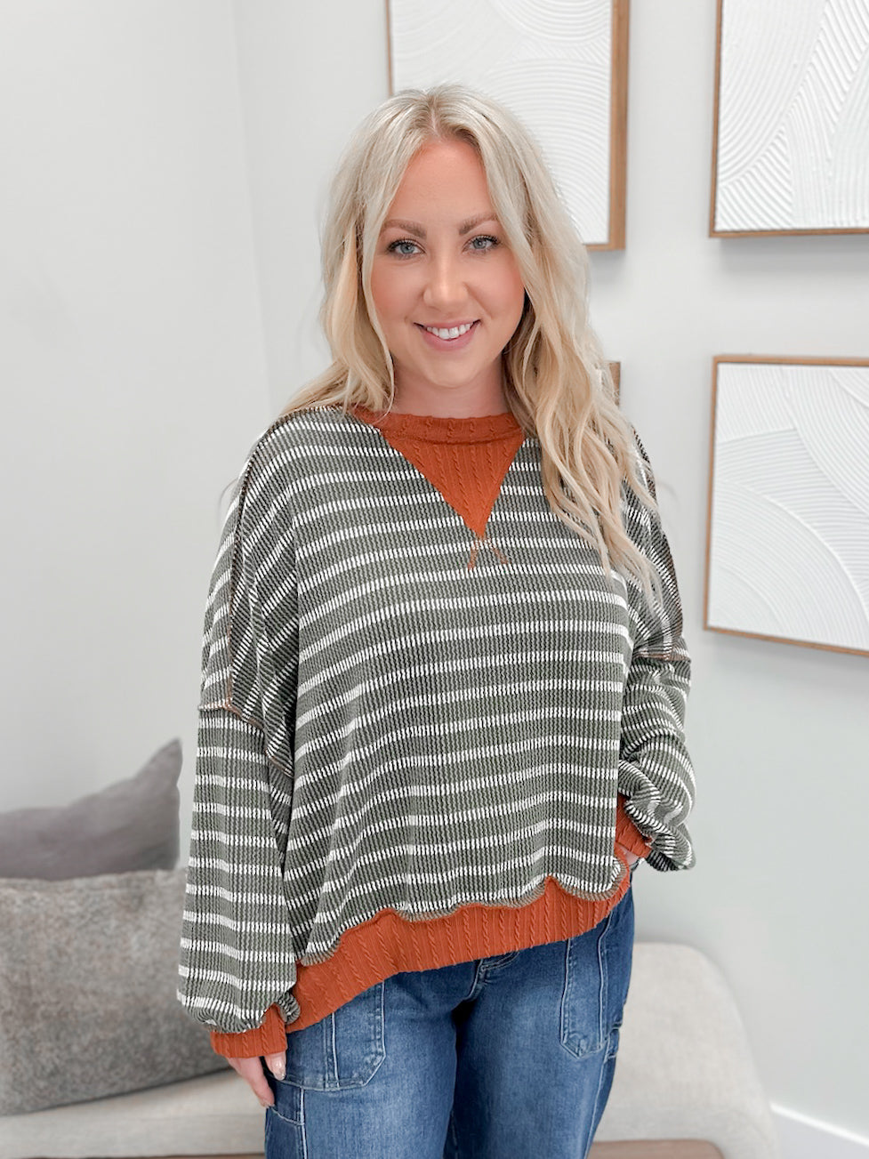 Gretta Wave Pullover in Olive/Rust
