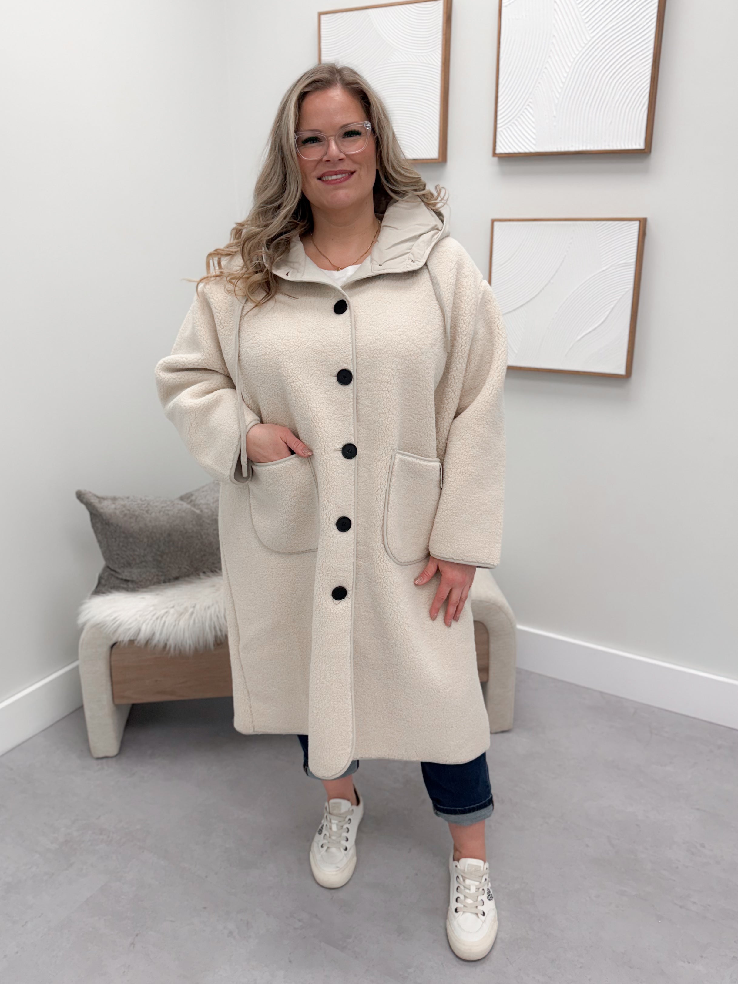 Everest Faux Shearling Teddy Long Coat in Ivory