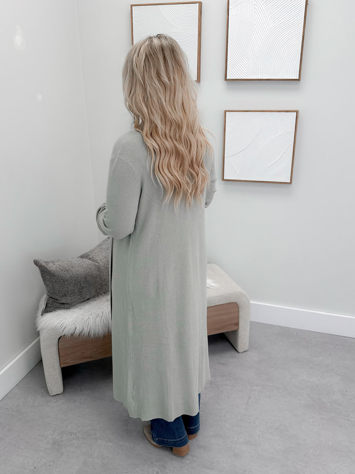 Cora Waffle Longline Cardigan in Sage