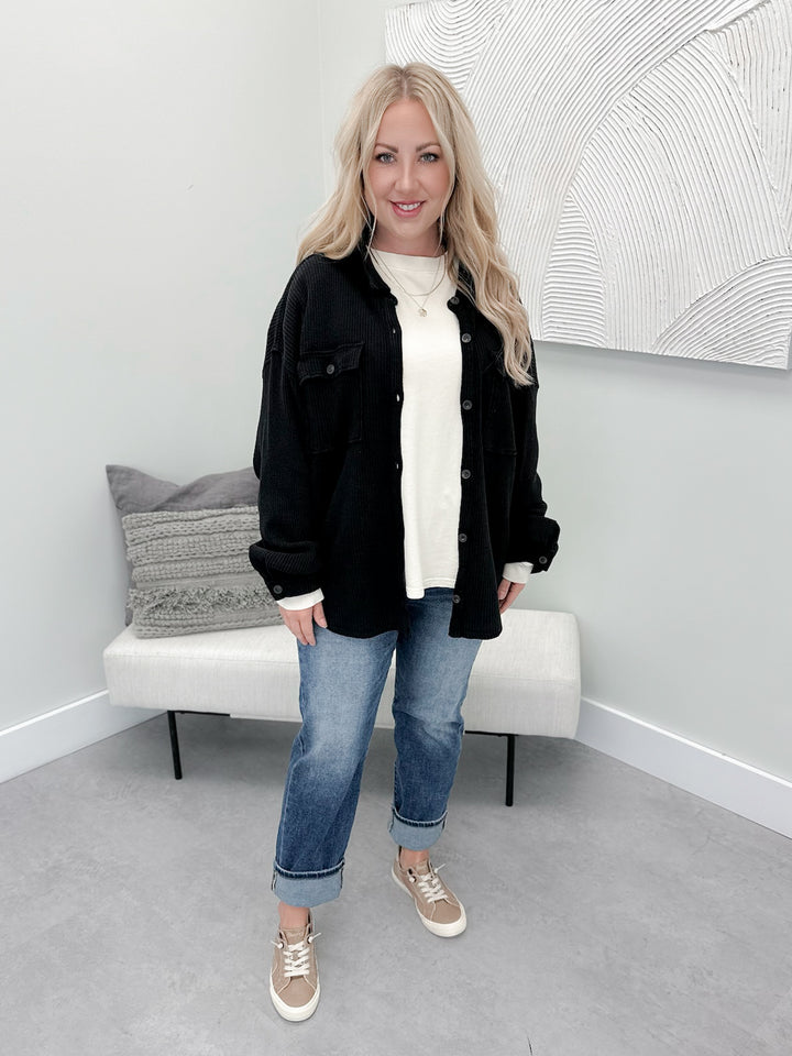 Nancy Waffle Shacket in Black