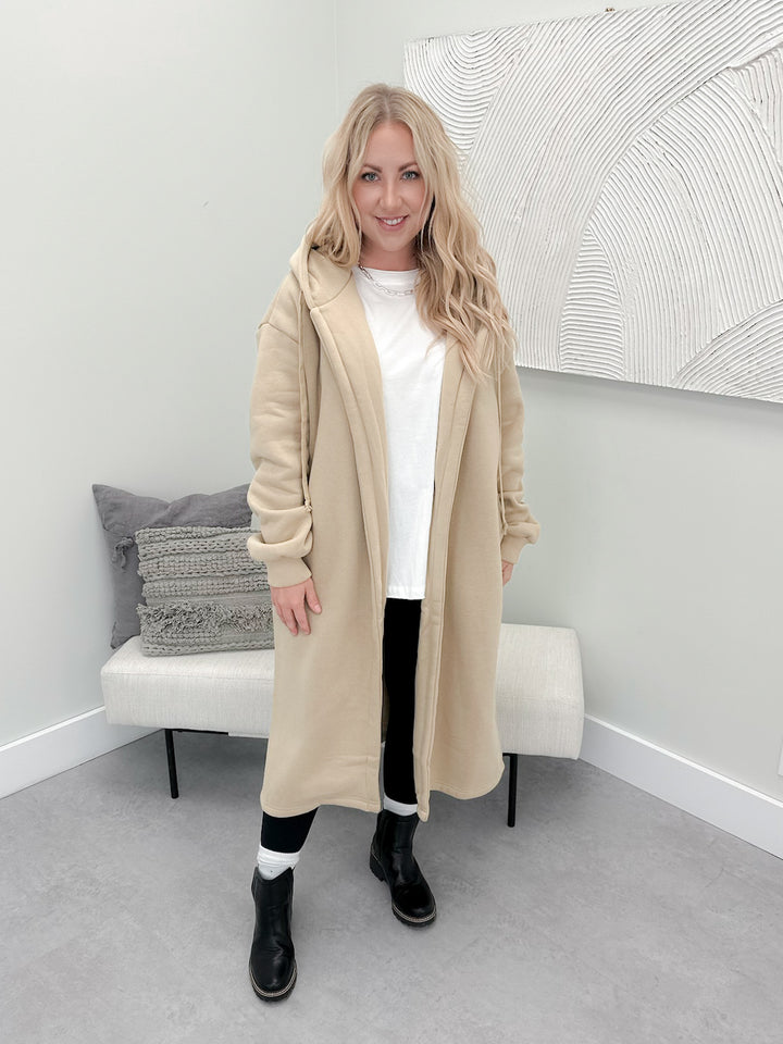Haylie Hooded Maxi Cardigan in Taupe