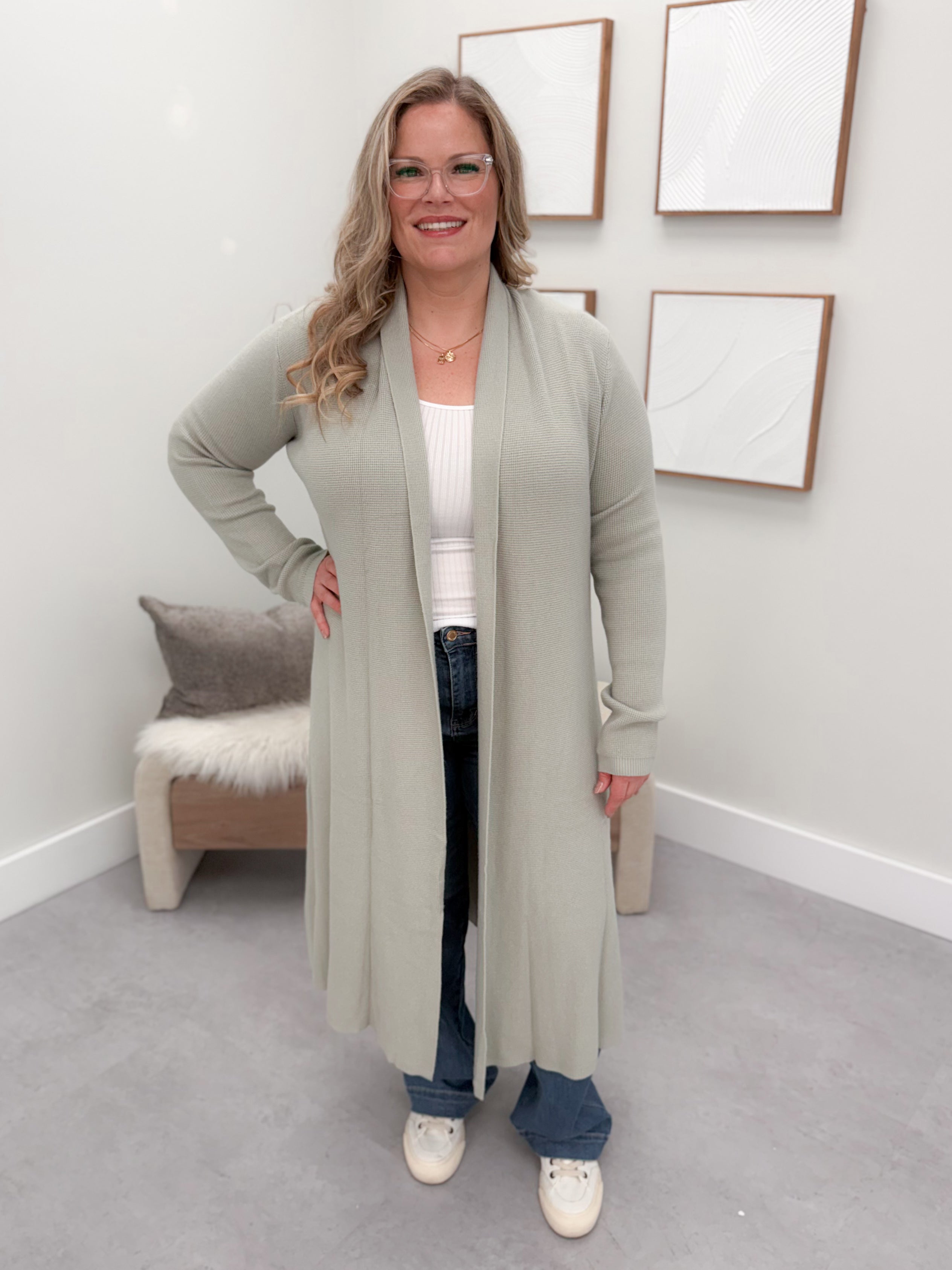 Cora Waffle Longline Cardigan in Sage