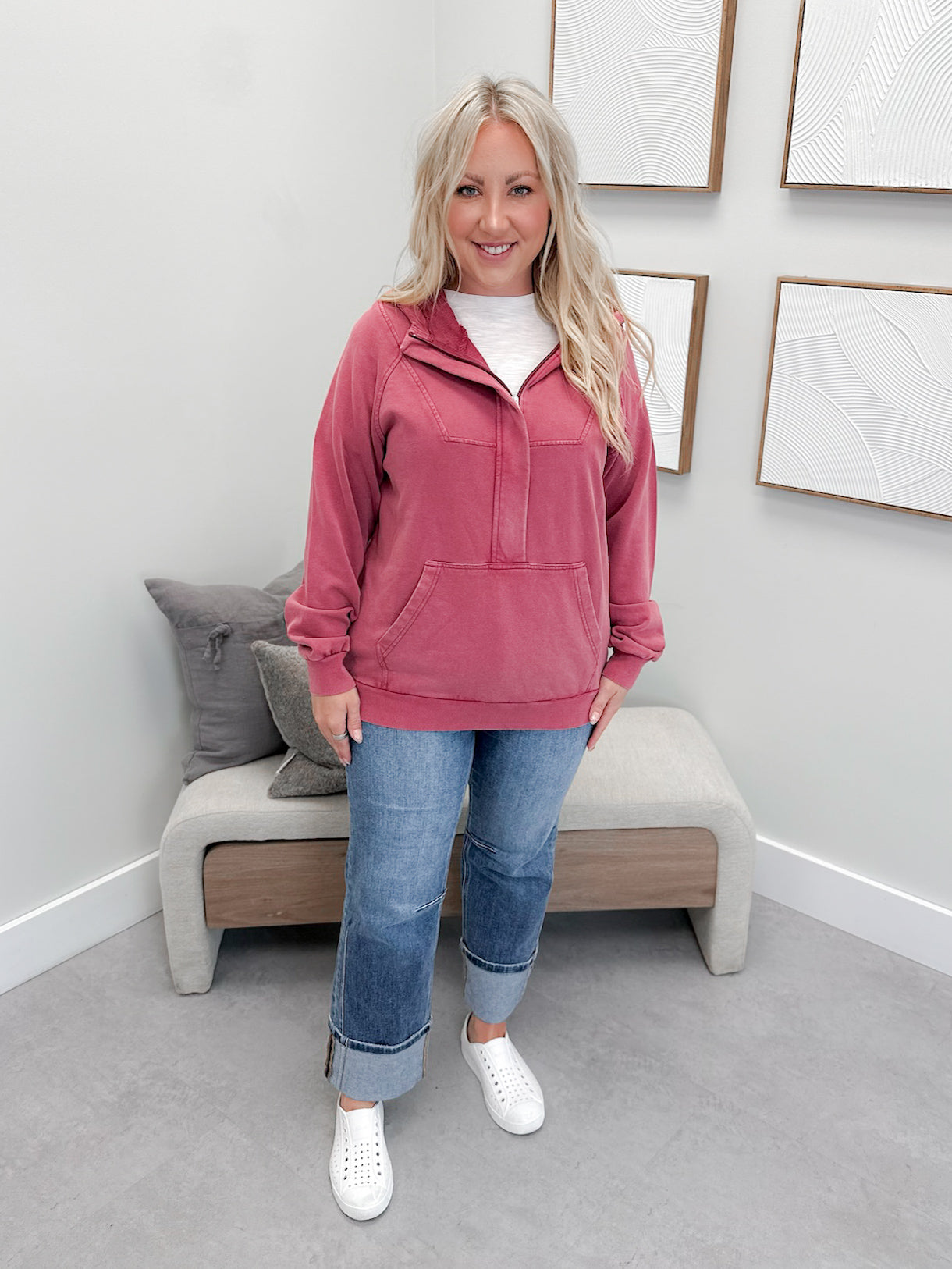 Ryker Half Zip Hoodie in Vintage Wash Berry