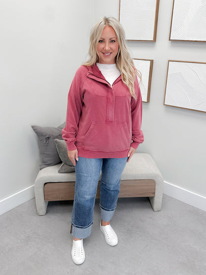 Ryker Half Zip Hoodie in Vintage Wash Berry