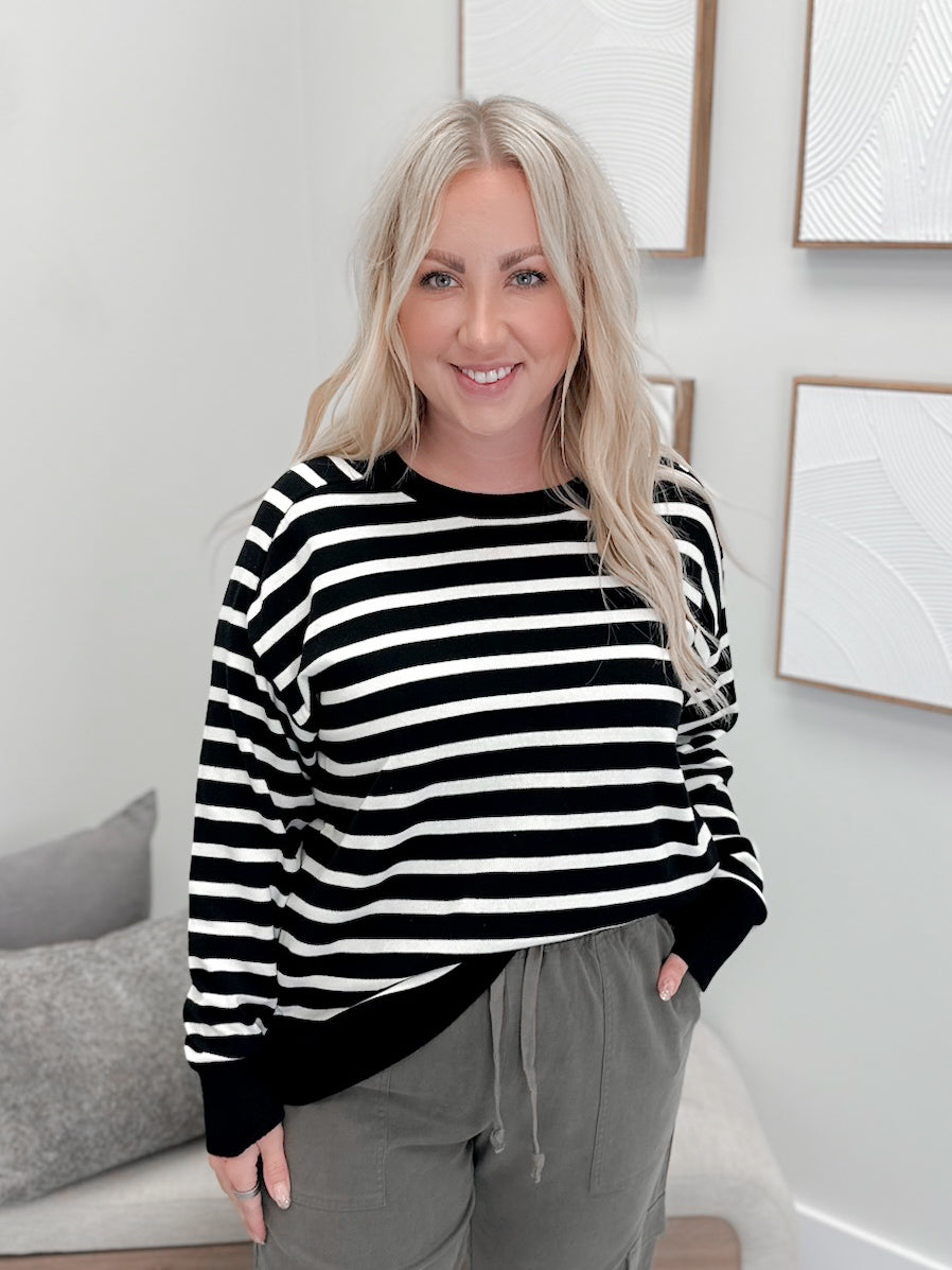It Girl Stripe Sweater in Black by Ampersand Avenue