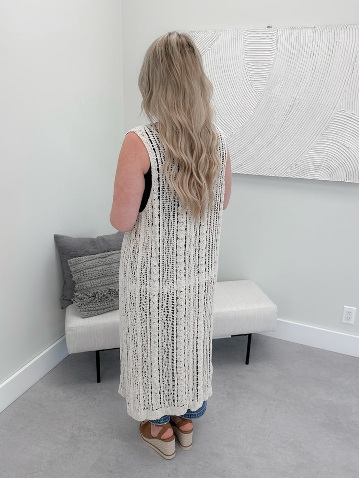 Sutherland Crochet Long Cardi in Beige