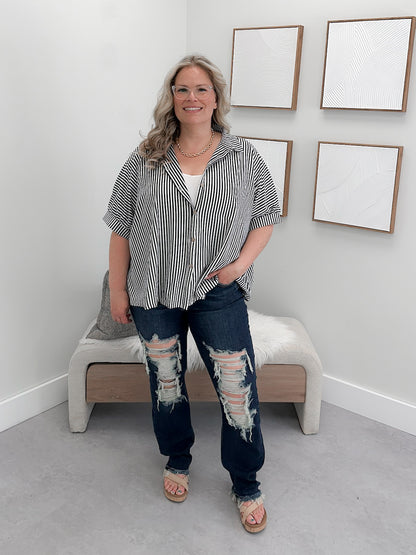 Domino Button Up Top in Black Stripe