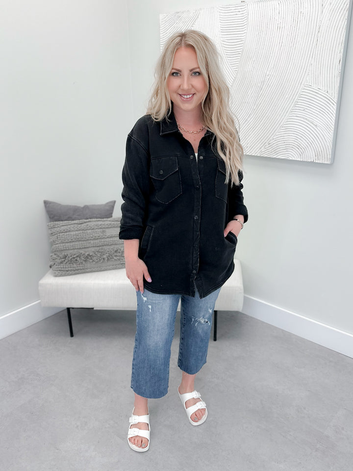 Piper Fleece Shacket in Washed Black