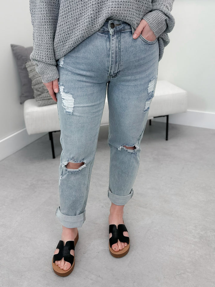 Distressed Mid Rise Girlfriend Jeans in Vintage Wash by Grace & Lace