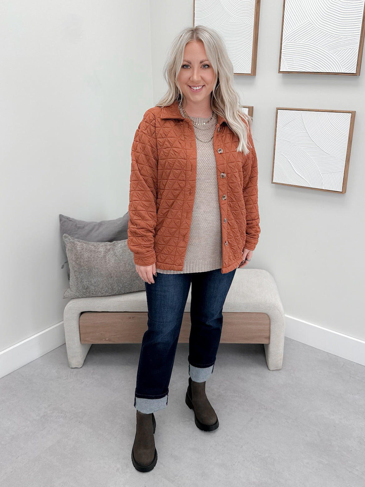 Geometric Button Down Jacket in Rust