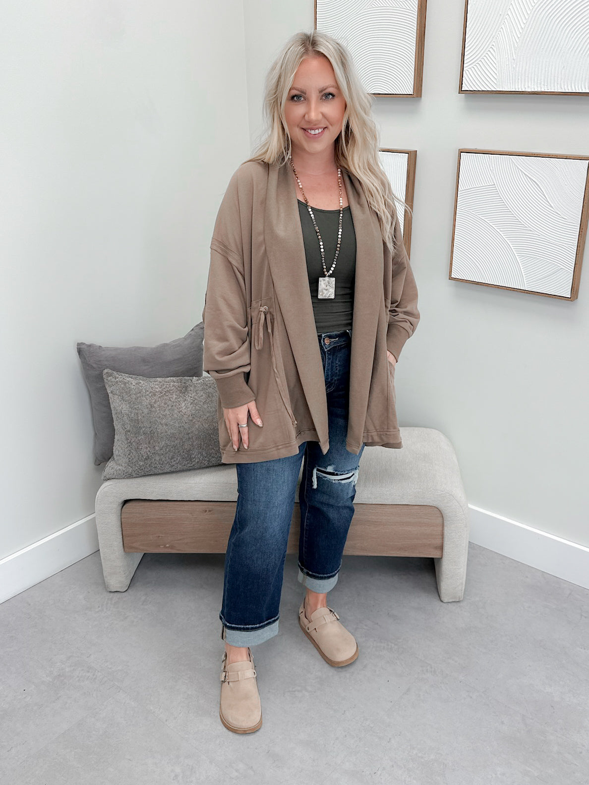 Oliver Open Front Tie Waist Cardigan in Mocha