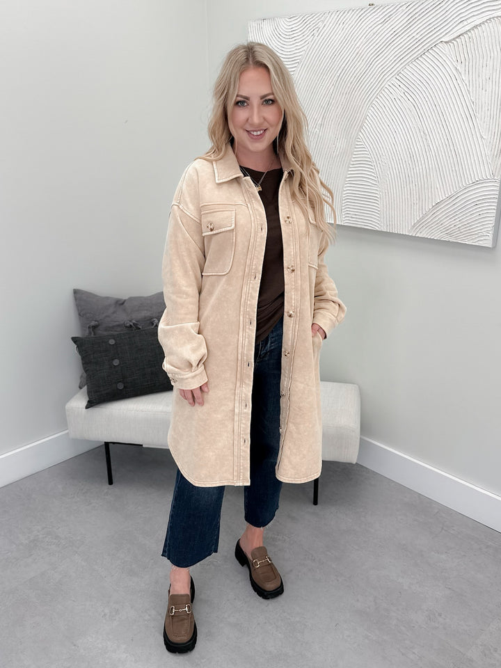 Oz Long Shacket in Almond