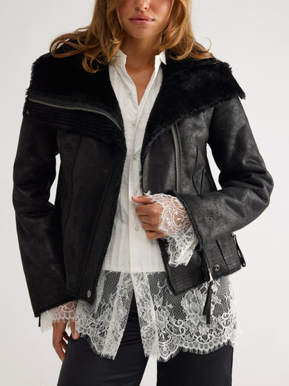 Fourline Shearling Aviator Jacket in Black by Free People