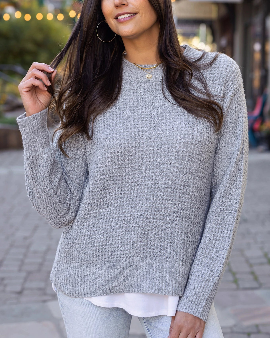 Heathered Waffle Knit Sweater in Grey by Grace & Lace