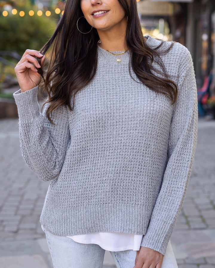 Heathered Waffle Knit Sweater in Grey by Grace & Lace